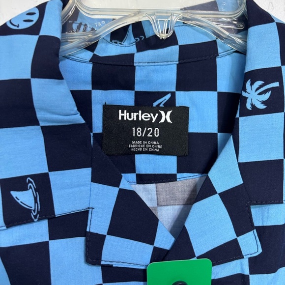 Hurley NWT Boys XL 18/20 Button Front Shirt Checkered Skater Skull NEW Blue - Picture 2 of 7